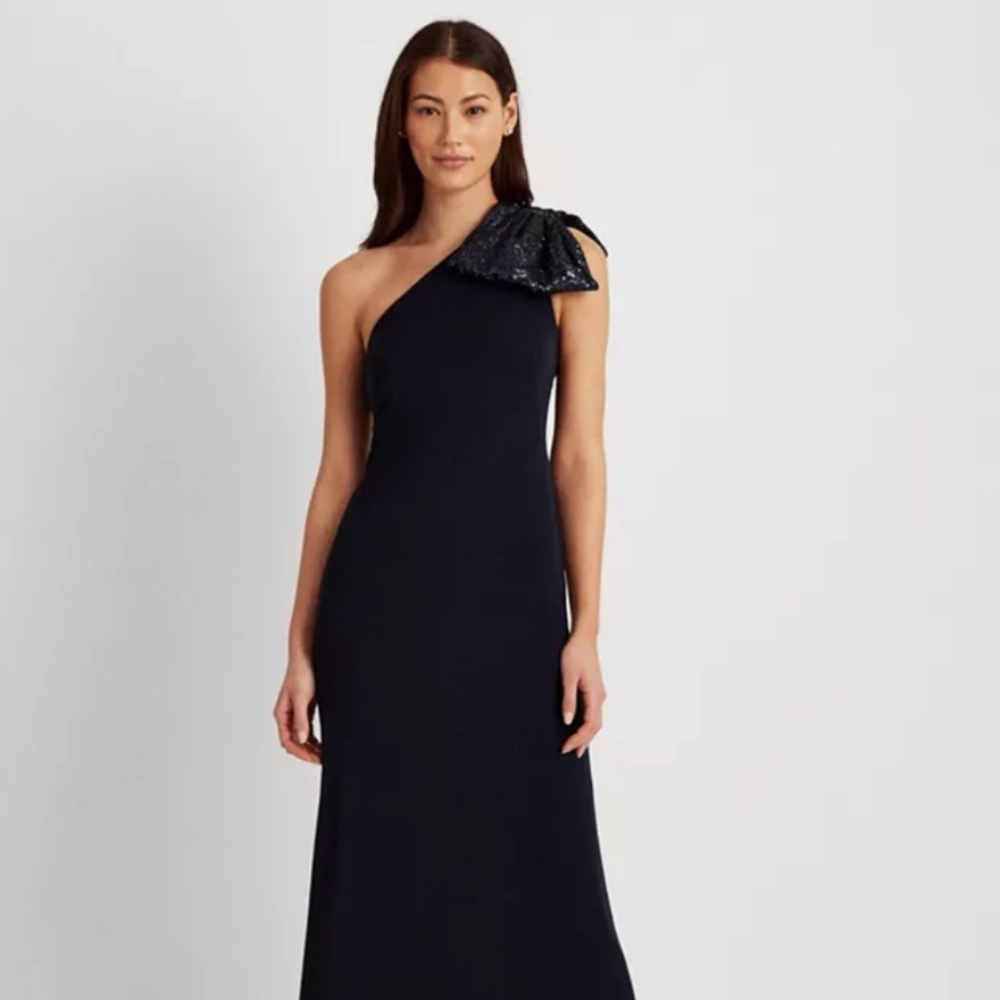 Lauren Ralph Lauren One-shoulder Crepe Gown with Sequined Bow